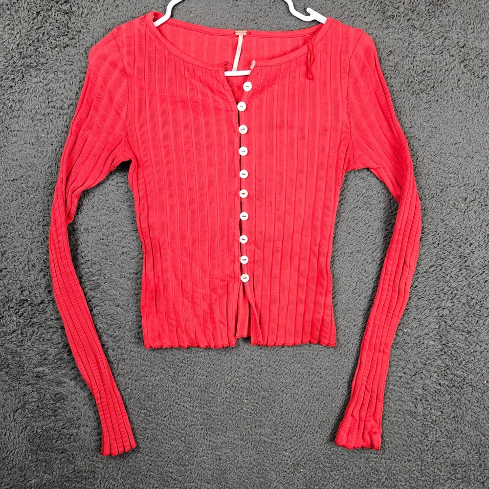 Free People Red Ribbed Button Front Long Sleeve Cardigan Top Lettuce‎ Hem XS